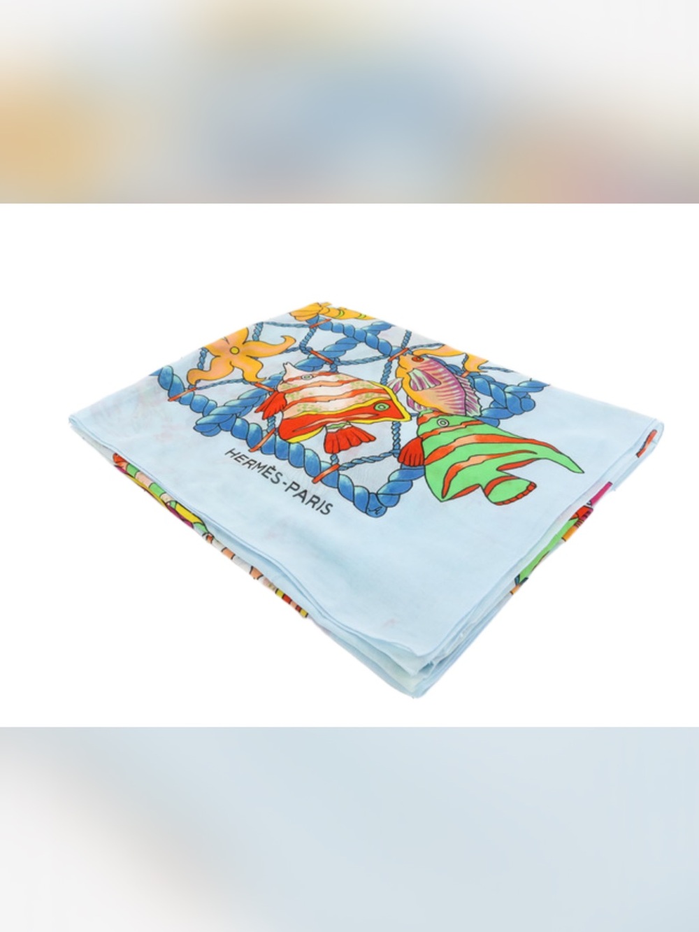 Hermes Light Blue Silk Scarf with Colorful Fish Motif